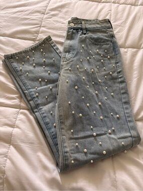Pearl Studded High Rise Straight Leg Jeans
